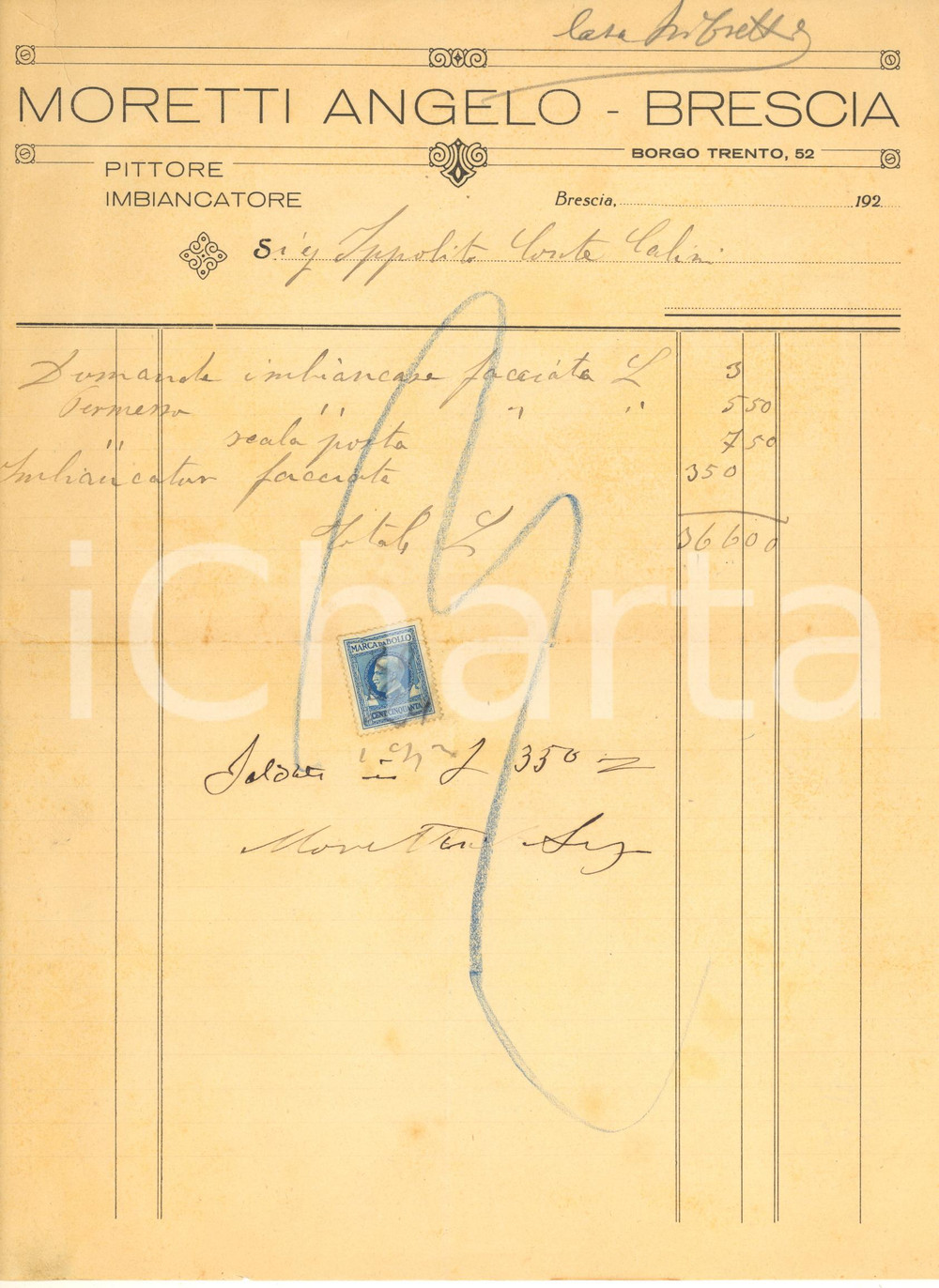 Documento originale, autentico 1920 ca BRESCIA Angelo MORETTI Pittore imbiancatore Fattura intestata 1