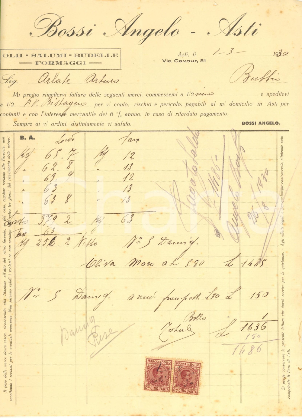 Documento originale, autentico 1930 ASTI Angelo BOSSI Olii salumi budelle formaggi Fattura intestata 1