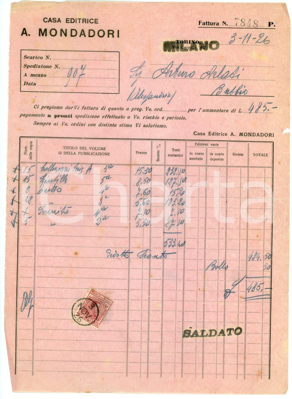 Documento originale, autentico 1926 MILANO Casa editrice A. MONDADORI Fattura 20x28 cm 1