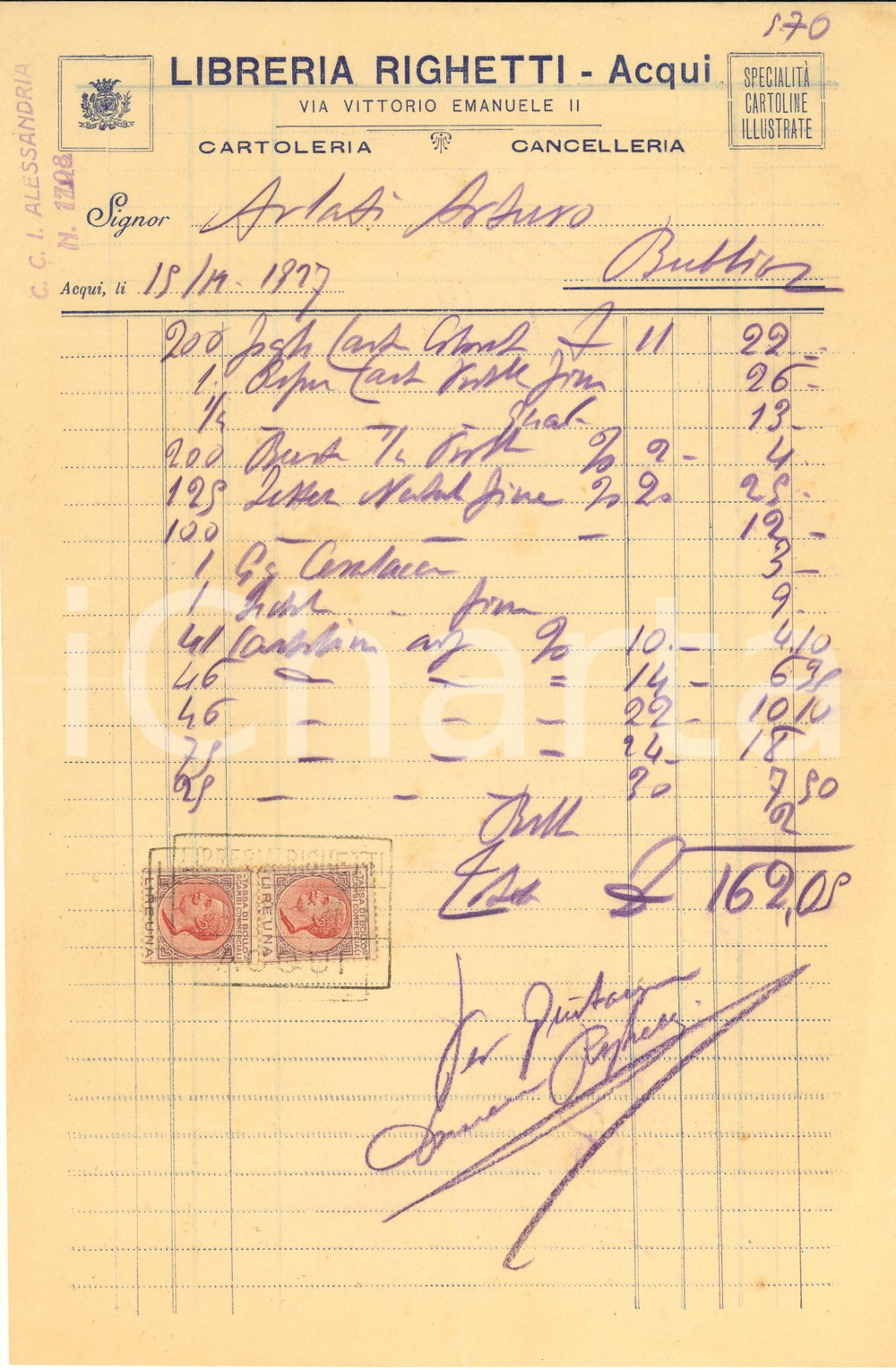 Documento originale, autentico 1927 ACQUI TERME Libreria RIGHETTI  Cartoleria e cancelleria  Fattura 1