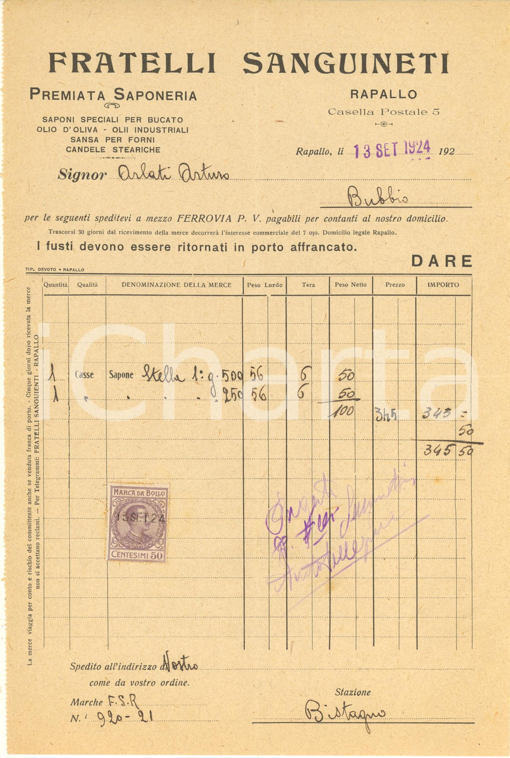 Documento originale, autentico 1924 RAPALLO Fratelli SANGUINETI  Premiata saponeria Fattura 1