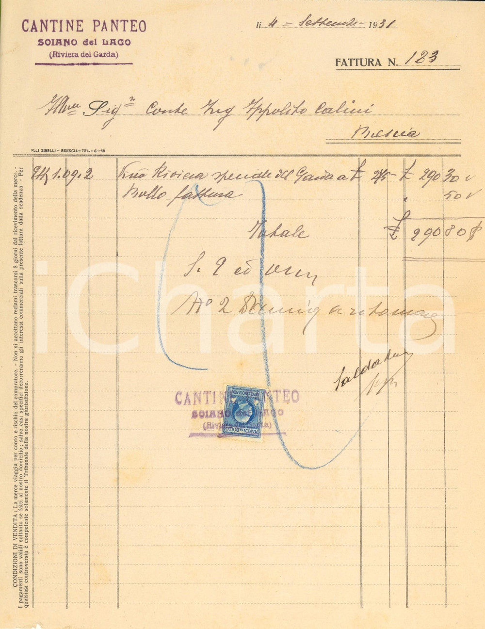 Documento originale, autentico 1931 SOIANO DEL LAGO BS Cantine PANTEO  Fattura per vino Riviera del Garda 1