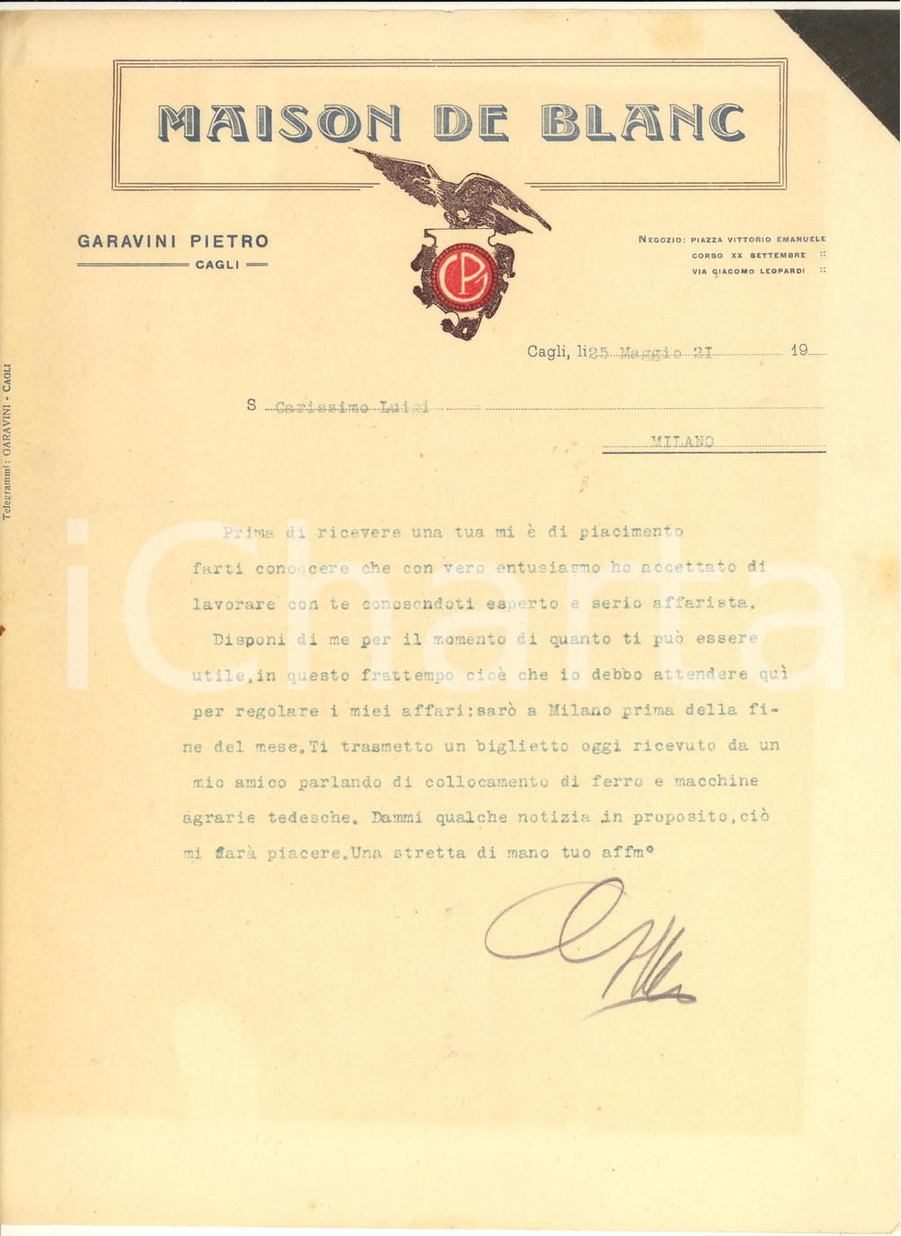 Documento originale, autentico 1921 CAGLI PS MAISON DE BLANC di Pietro GARAVINI  Lettera commerciale 1