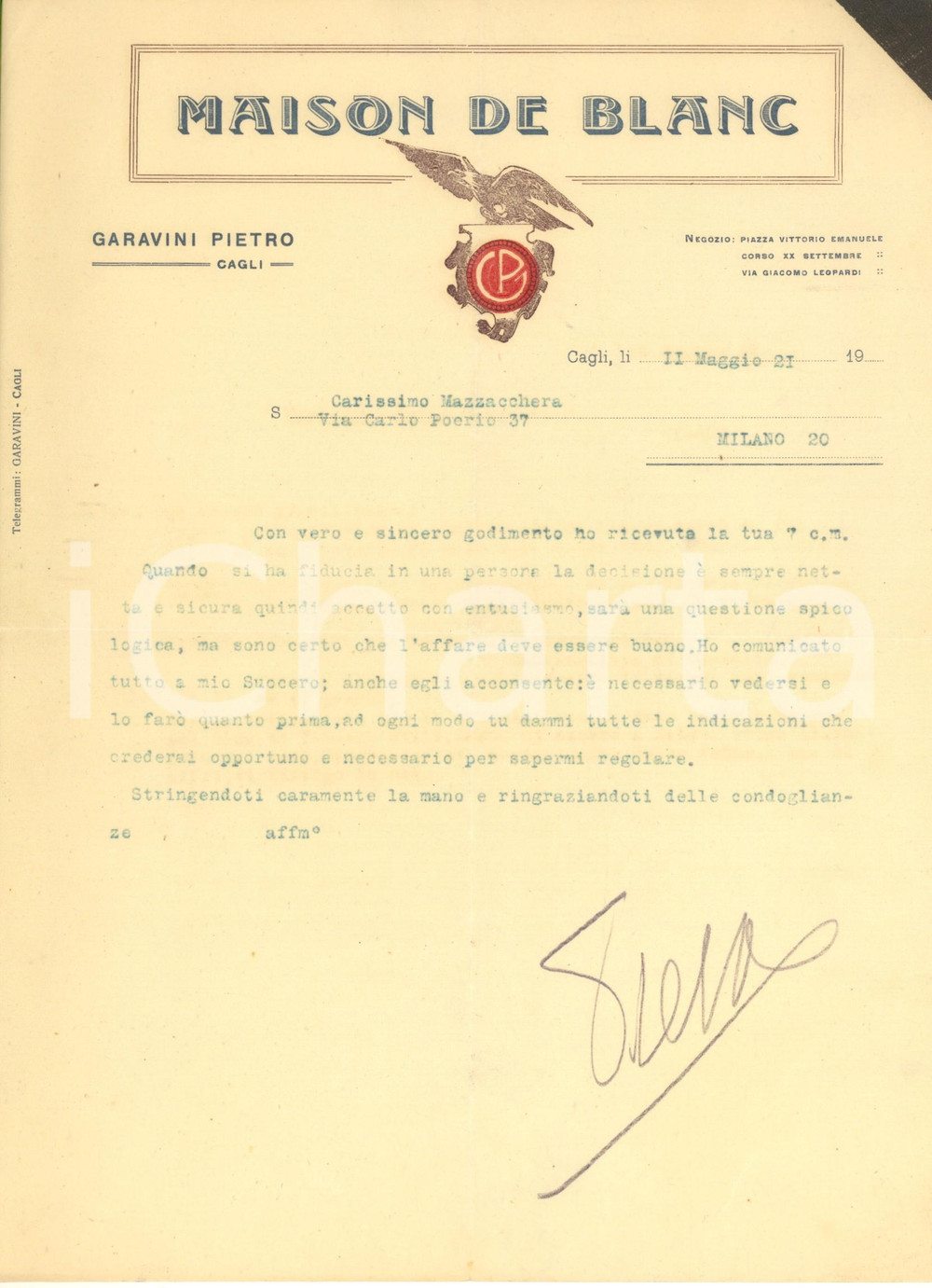 Documento originale, autentico 1921 CAGLI PS MAISON DE BLANC di Pietro GARAVINI Lettera commerciale 1