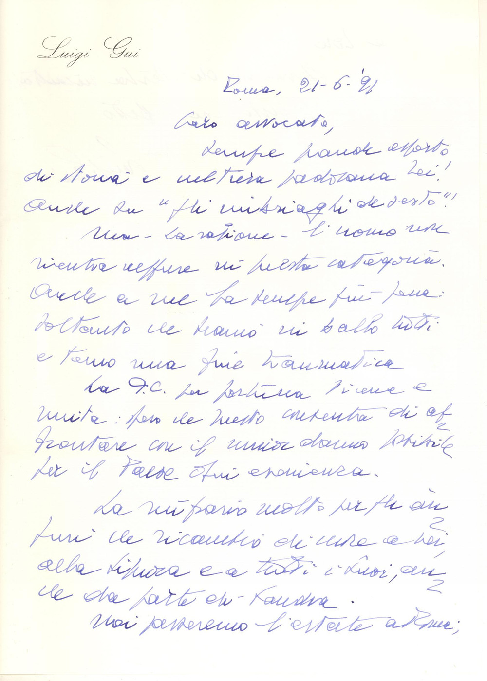 Autografo originale 1991 ROMA Lettera on. Luigi GUI La DC per fortuna tiene  Autografo 1