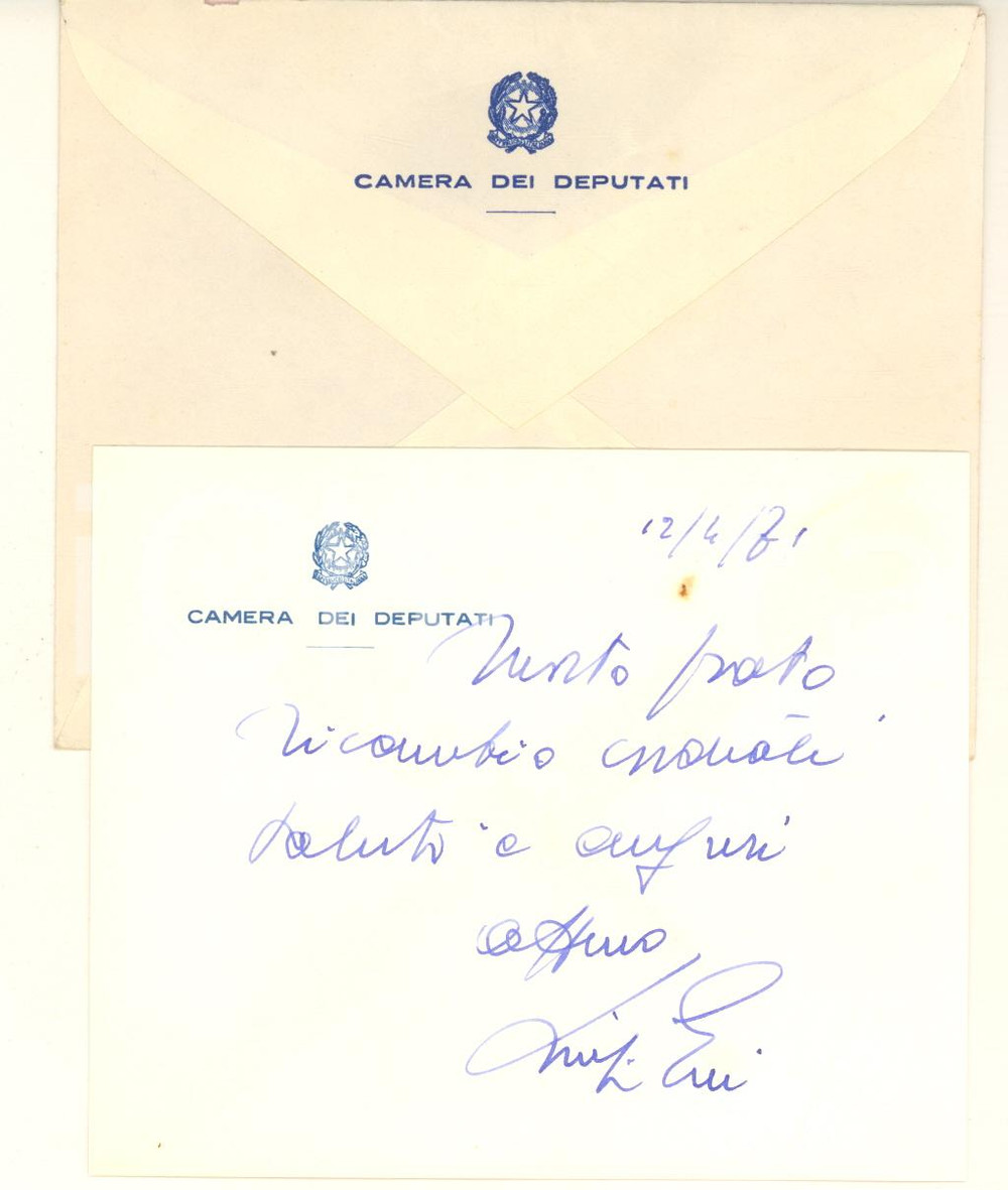 Autografo originale 1971 ROMA Camera dei Deputati  Biglietto on. Luigi GUI auguri  Autografo 1