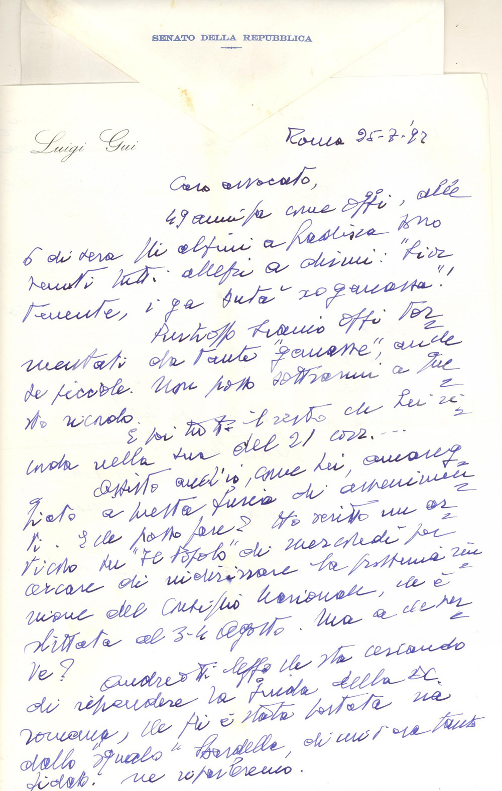 Autografo originale 1992 ROMA Lettera Luigi GUI  Andreotti contro lo squalo Sbardella Autografo 1