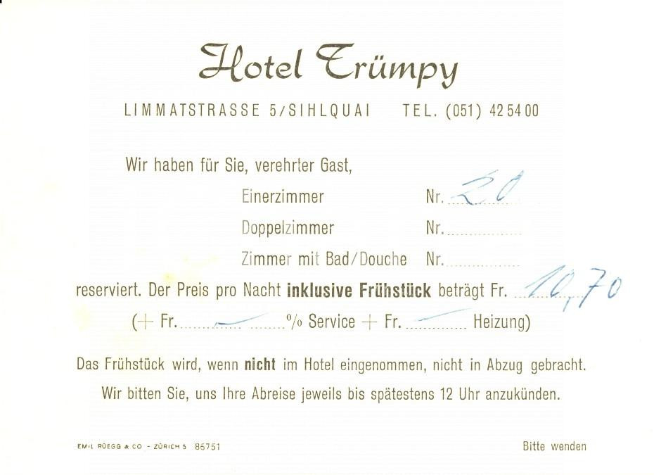 Materiale pubblicitario d’epoca 1960 ca ZURIGO Hotel TRUMPY  Biglietto ILLUSTRATO per prenotazione 1 1