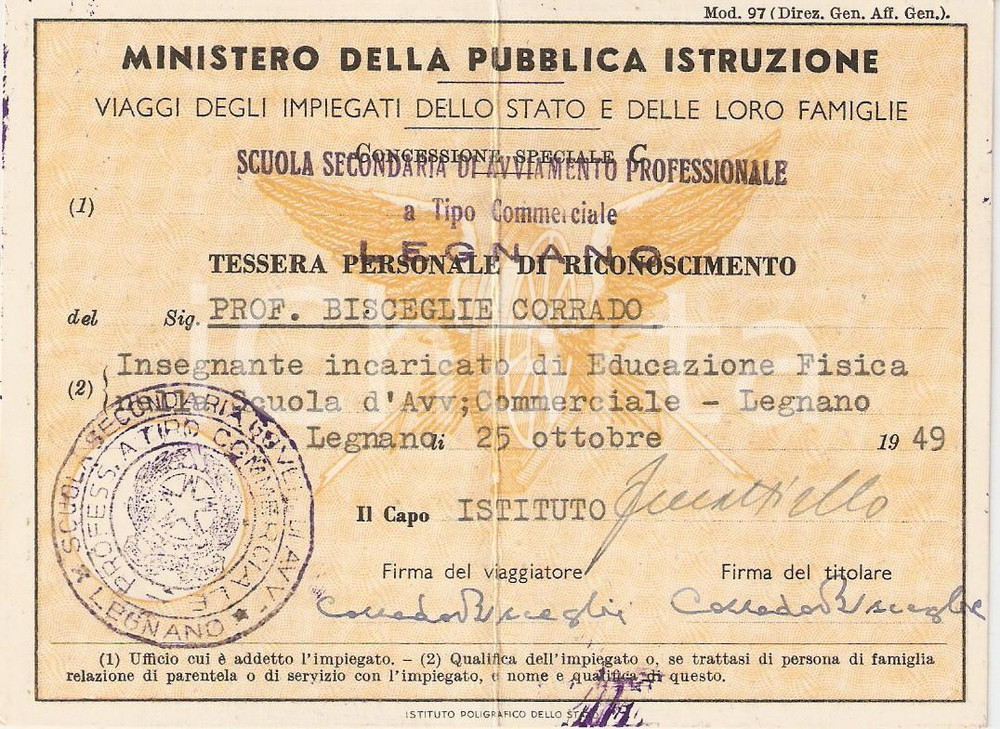 Oggetto da collezione cartaceo 1949 LEGNANO MI Riduzione ferroviaria per insegnanti  TESSERA 1