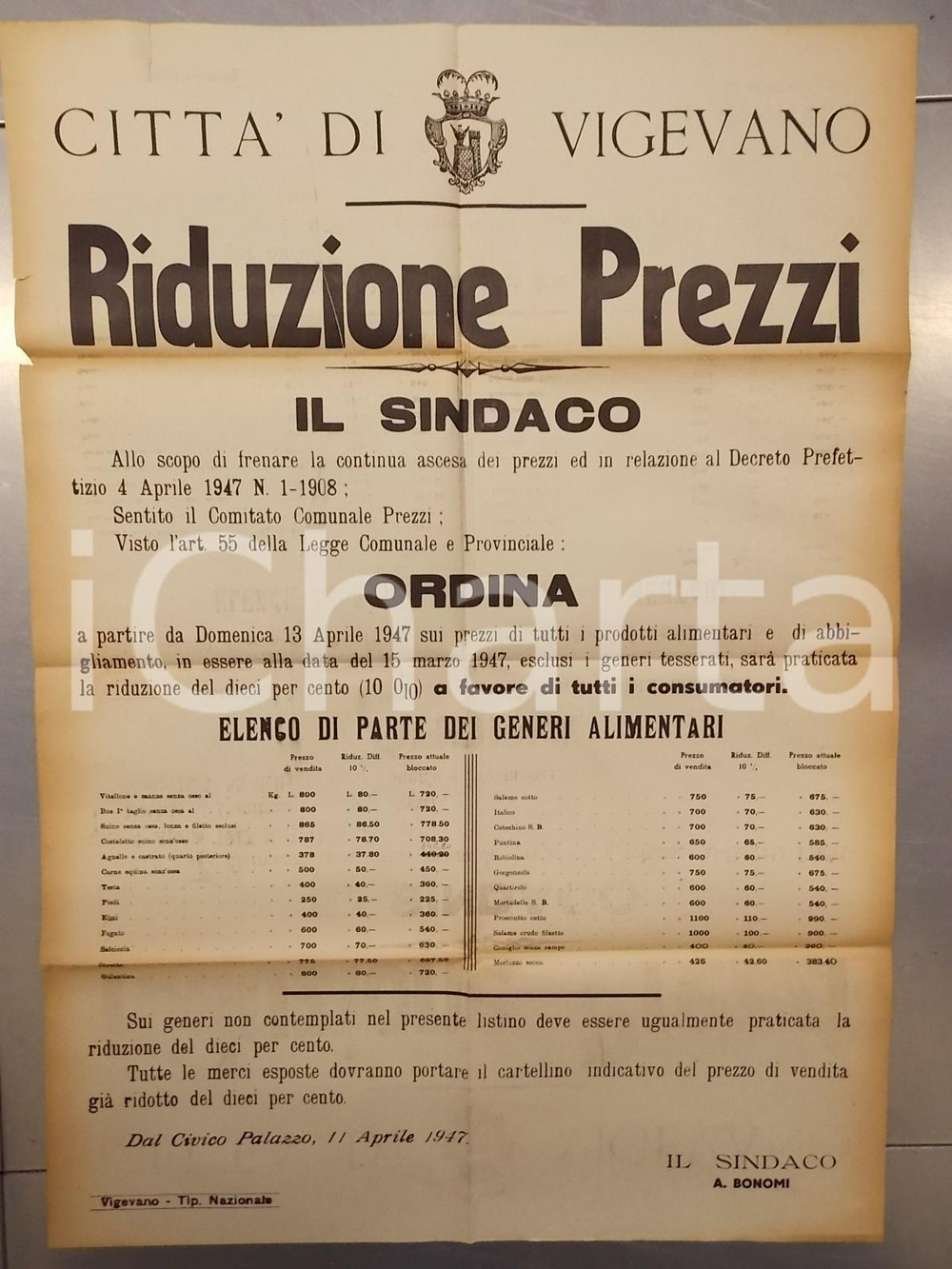 Documento originale, autentico 1947 VIGEVANO PV Riduzione dei prezzi dei generi alimentari Manifesto 1