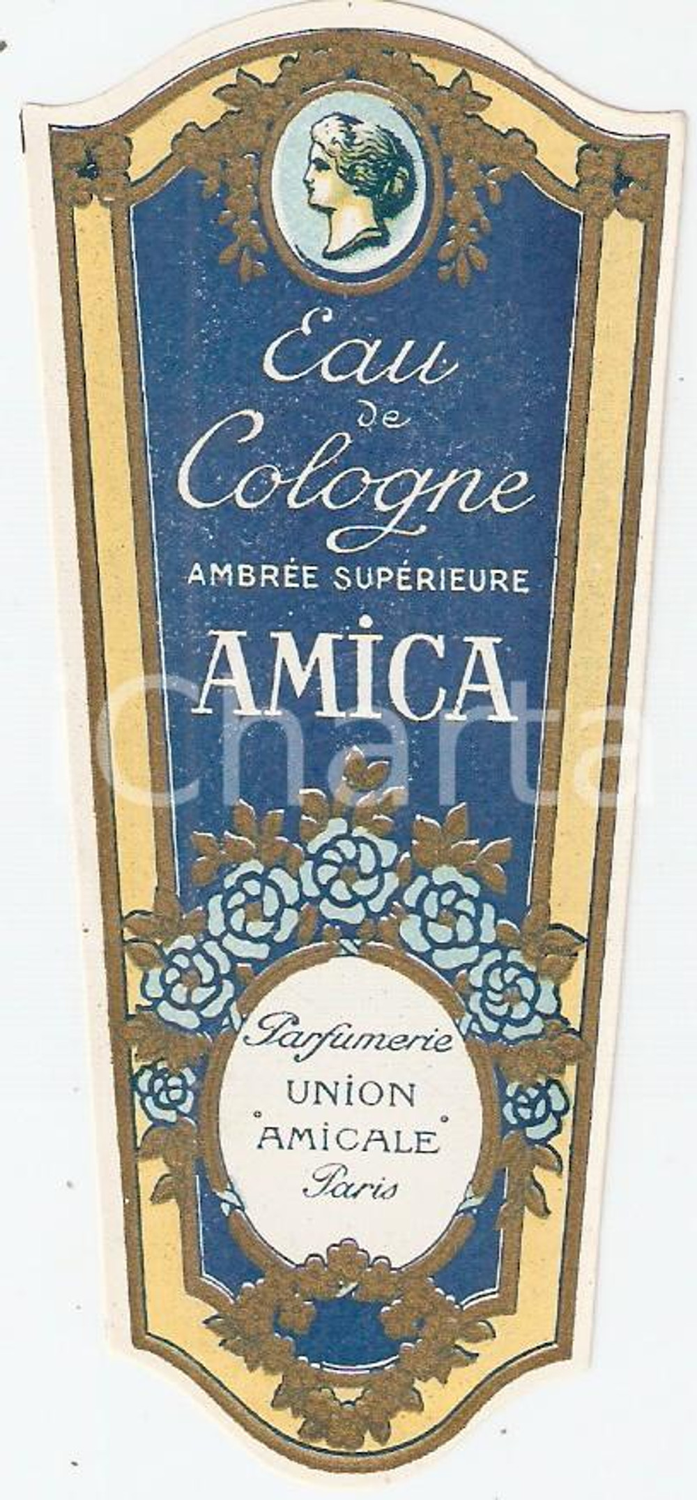 Materiale pubblicitario d’epoca 1950 ca PARIS Parfums UNION AMICALE Eau de cologne AMICA Ambrée Etichetta 1
