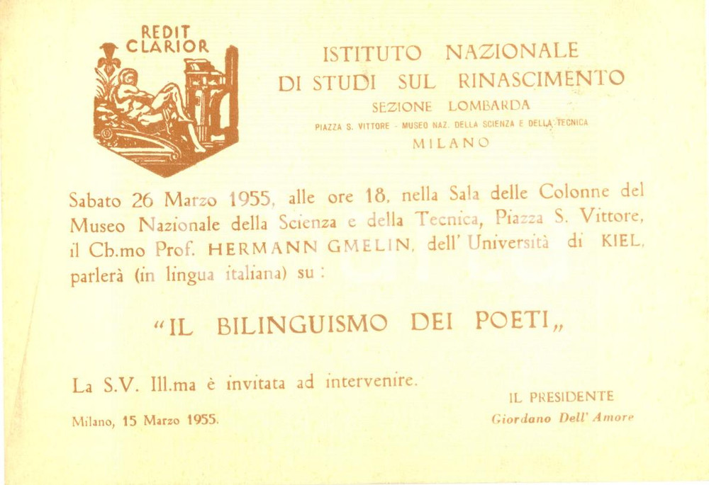 Materiale pubblicitario d’epoca 1955 MILANO Istituto Nazionale Rinascimento Hermann GMELIN Bilinguismo poeti 2 1