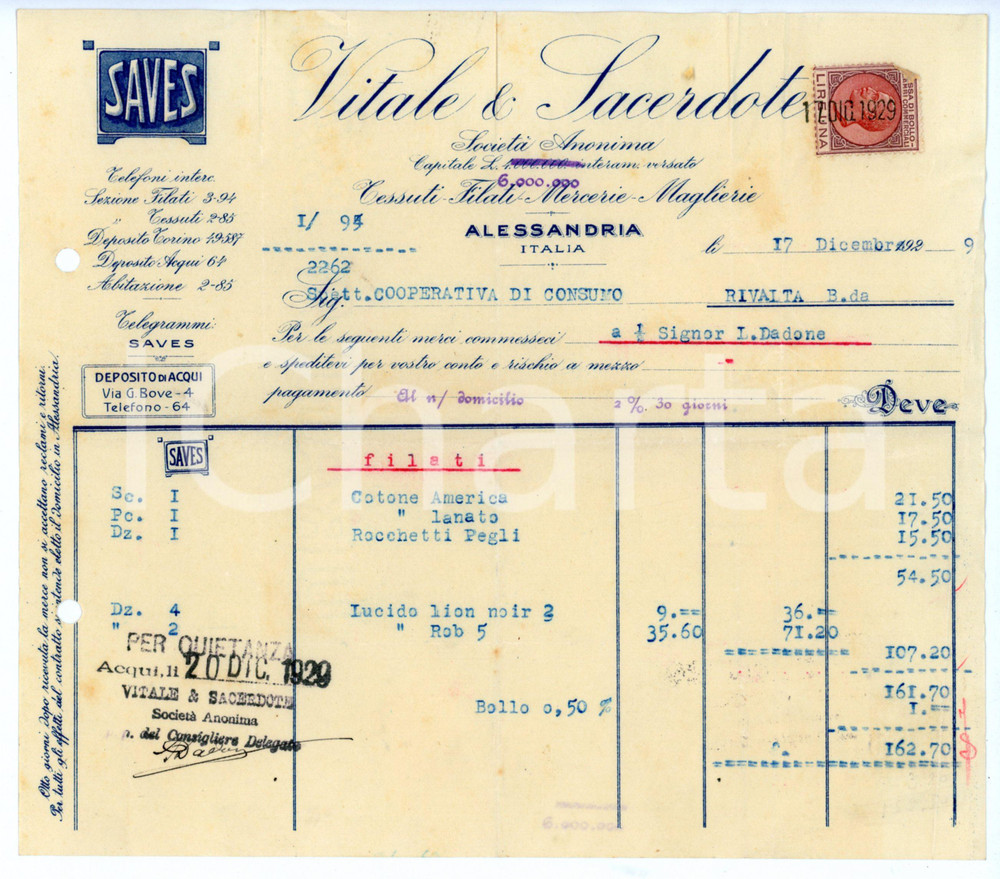Documento originale, autentico 1929 ALESSANDRIA  SAVES Vitale e Sacerdote  Fattura per cotone 21x18 cm 1