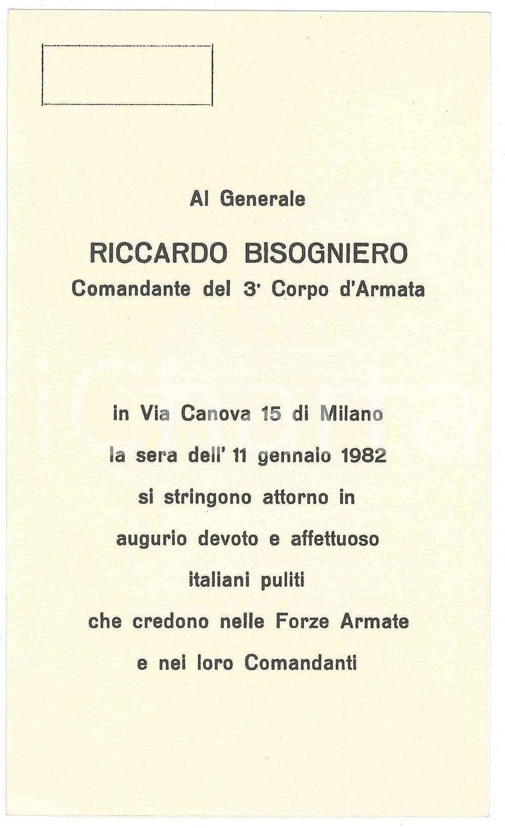 1982 MILANO Via Canova - Invito incontro gen. Riccardo BISOGNIERO Invito originale d'epoca, su cartoncino leggero, stampato su entrambe le facciate. CONDIZIONI:GOOD/buonoFORMATO: 11x18 cm originale e autentica 1