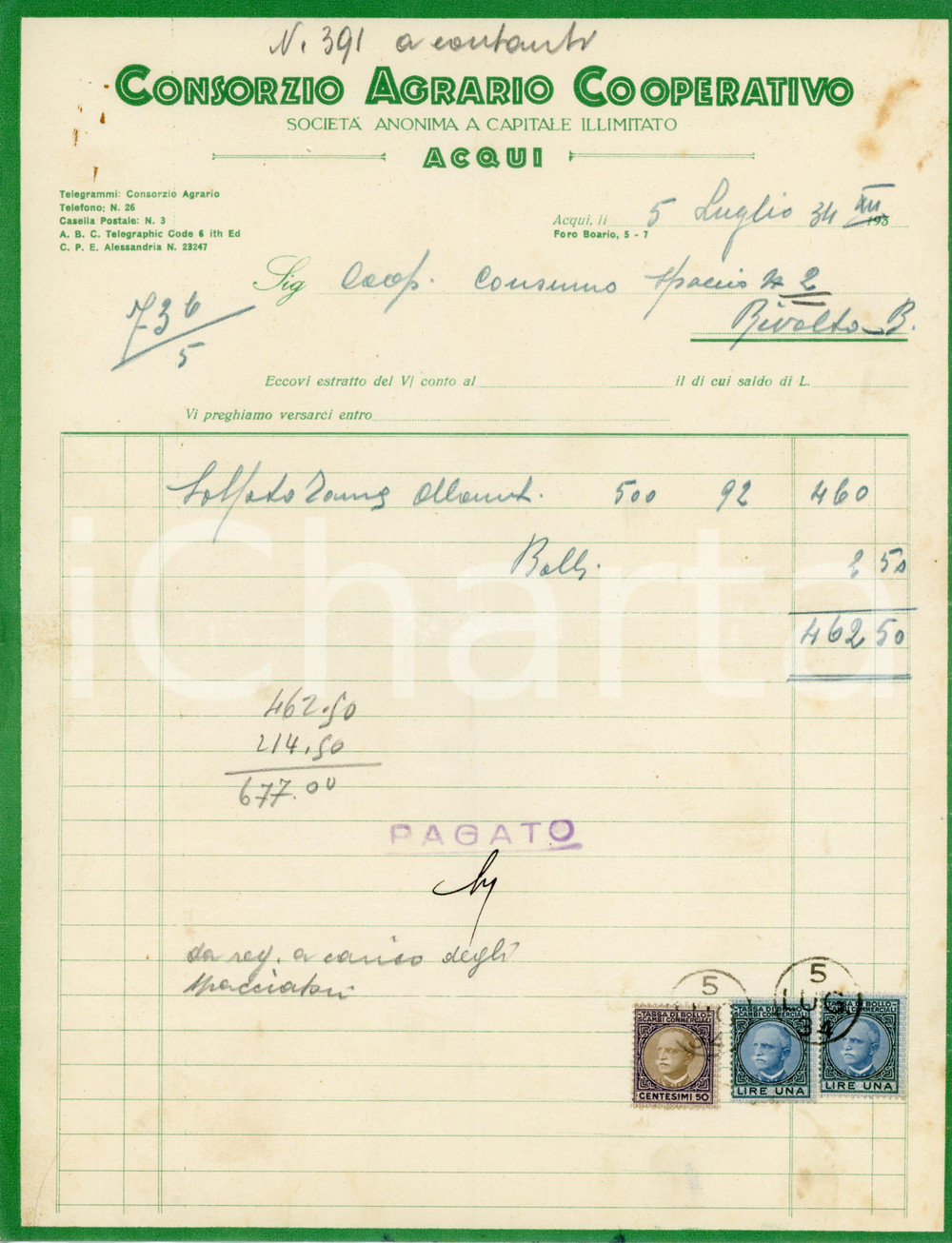 Documento originale, autentico 1934 ACQUI TERME AL Consorzio Agrario Cooperativo  Fattura 22x28 cm 1 1