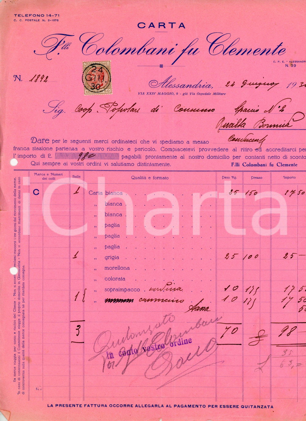 1930 ALESSANDRIA Fratelli COLOMBANI fu Clemente - Carta *Fattura 23x29 cm Fattura d'epoca.  CONDIZIONI:POOR/danneggiato Piegature centrali d'epoca, strappo al margine sinistro, gualciture ai margini, fori da classificatoreFORMATO: 23x29 cm originale e autentica 1