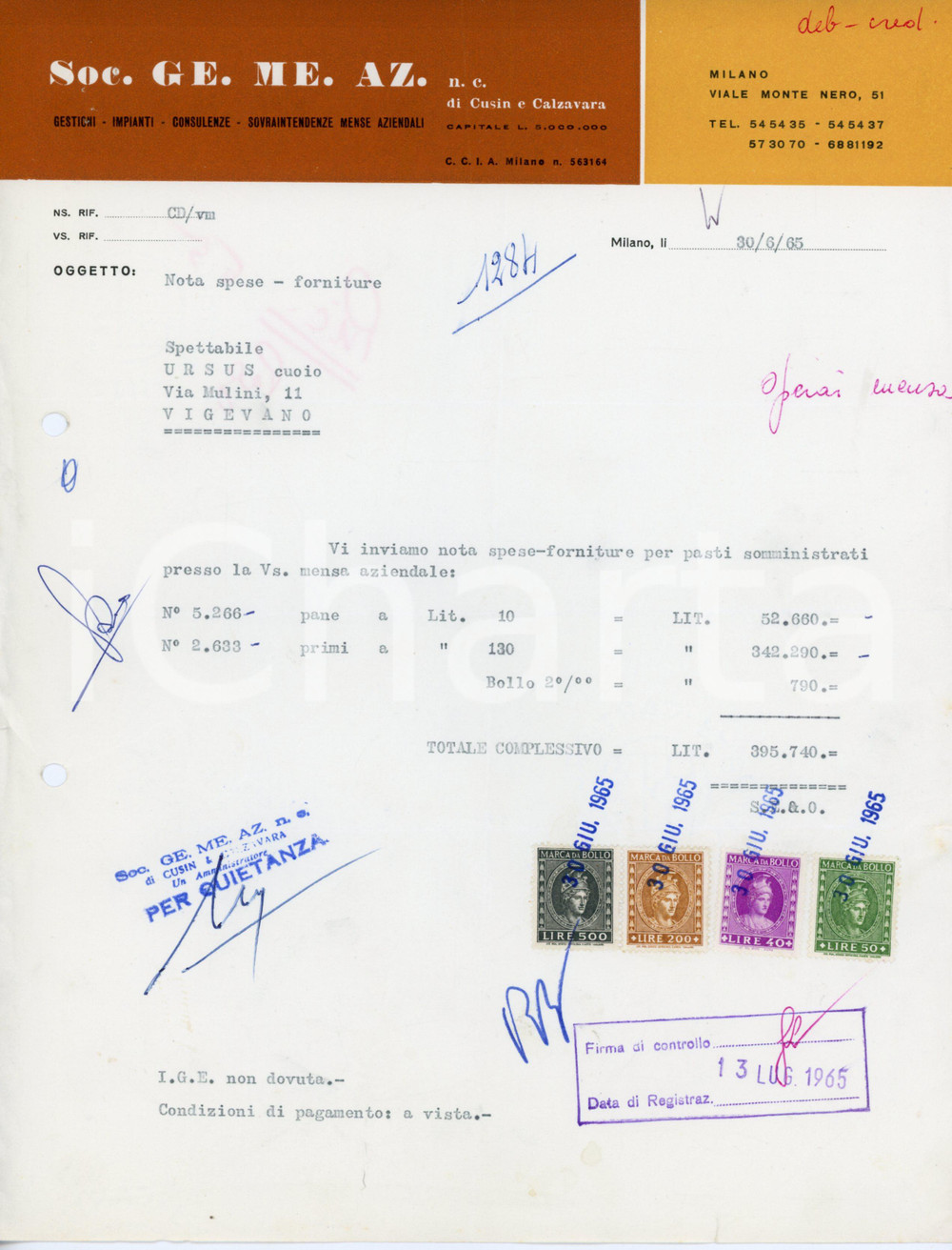 Documento originale, autentico 1965 MILANO Via Monte Nero 51 GEMEAZ  Cusin e Calzavara  Fattura mensa aziendale 1