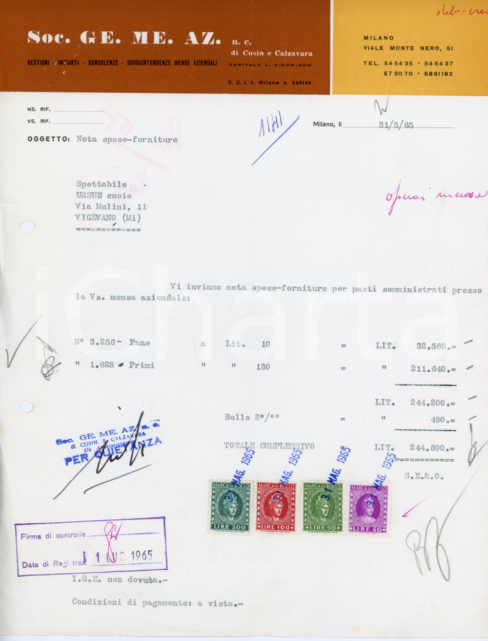 Documento originale, autentico 1965 MILANO Società GE. ME. AZ. di Cusin e Calzavara  Fattura mensa aziendale 1 1