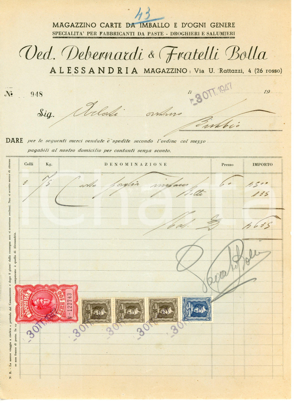 Documento originale, autentico 1947 ALESSANDRIA Vedova DEBERNARDI & Fratelli BOLLA carte da imballo  Fattura 1 1