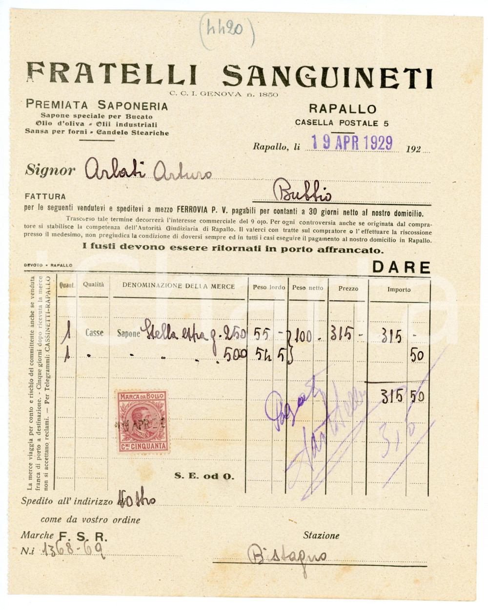 Documento originale, autentico 1929 RAPALLO Fratelli SANGUINETI  Premiata saponeria  Fattura per sapone 1