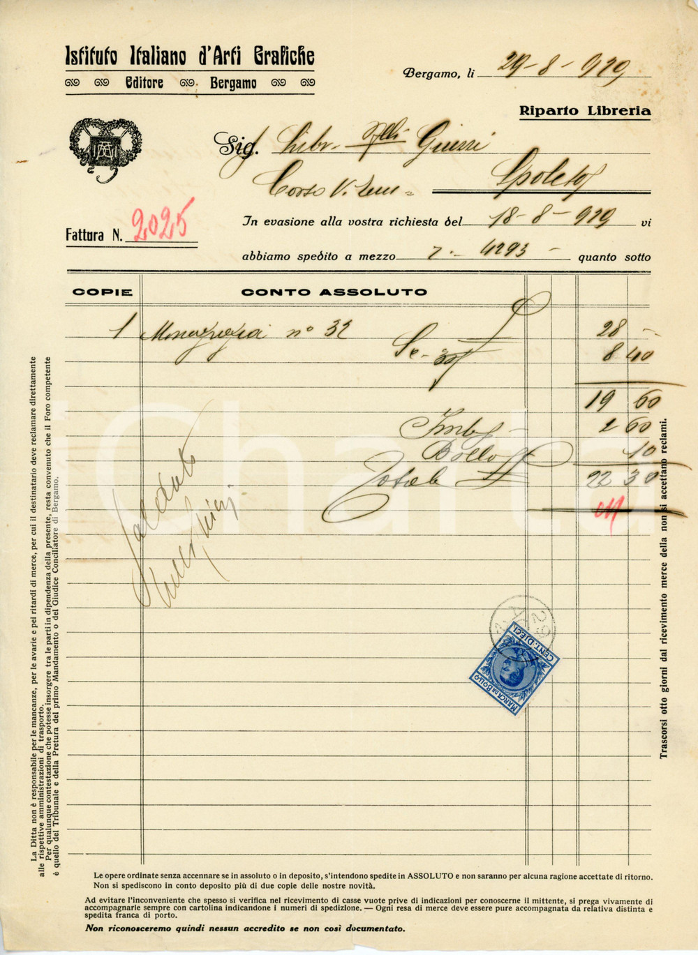 Documento originale, autentico 1929 BERGAMO Istituto Italiano d Arti Grafiche Fattura per carte stradali 2 1