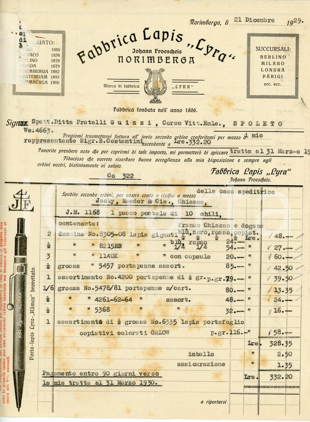 Documento originale, autentico 1929 NORIMBERGA Fabbrica lapis Johann Froescheis LYRA Fattura 23x29 cm 1 1