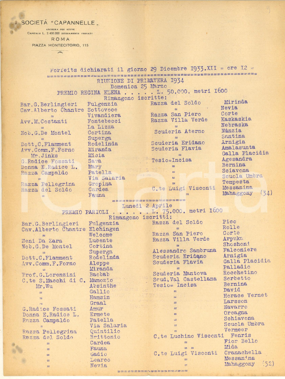 Documento originale, autentico 1933 ROMA IPPICA Società Capannelle  Iscrizioni e premi Documento 1