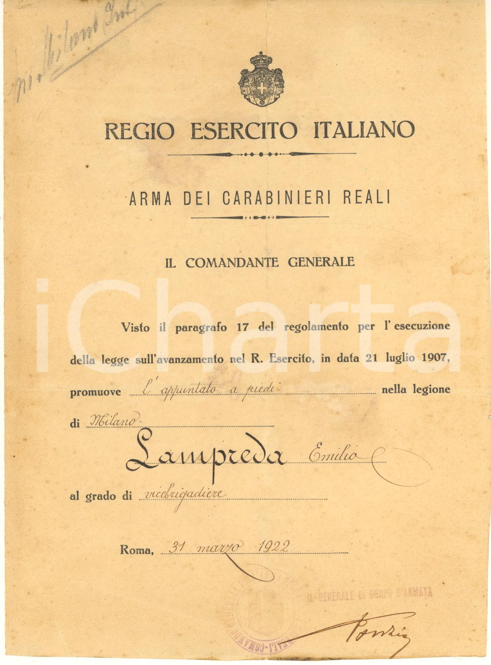 Documento originale, autentico 1922 REGIO ESERCITO  Carabinieri Reali  Promozione Autografo gen. PONZIO 1