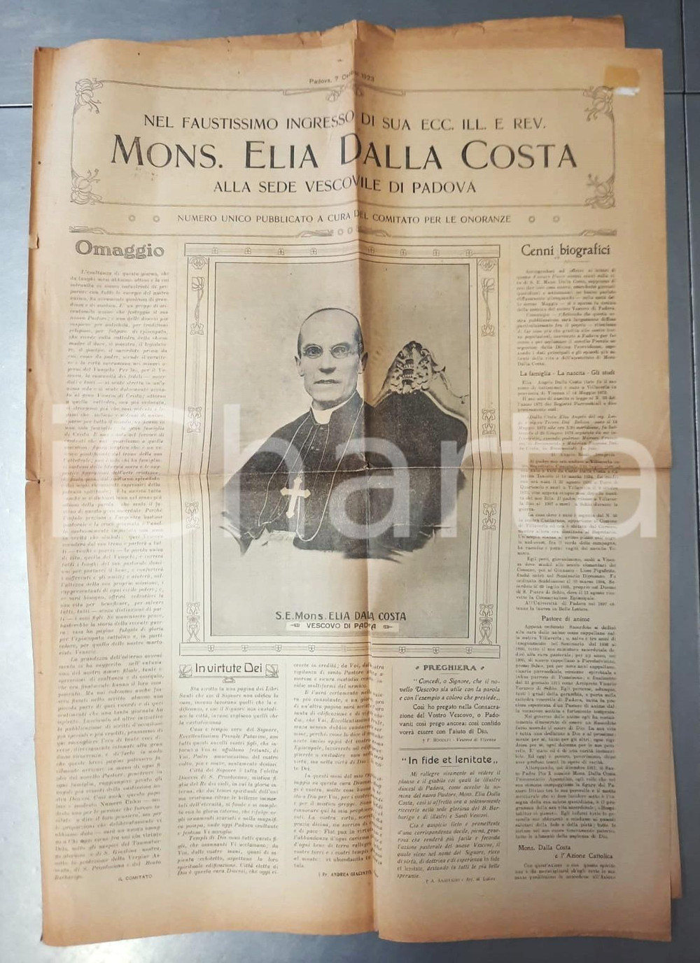 Giornale, rivista storica 1923 PADOVA Ingresso mons. Elia DALLA COSTA alla sede vescovile Giornale 1