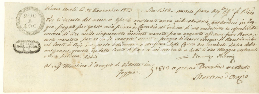 Oggetto da collezione cartaceo 1813 ASCOLI PICENO Cambiale manoscritta  Carri merce  Martino D ORAZIO 1