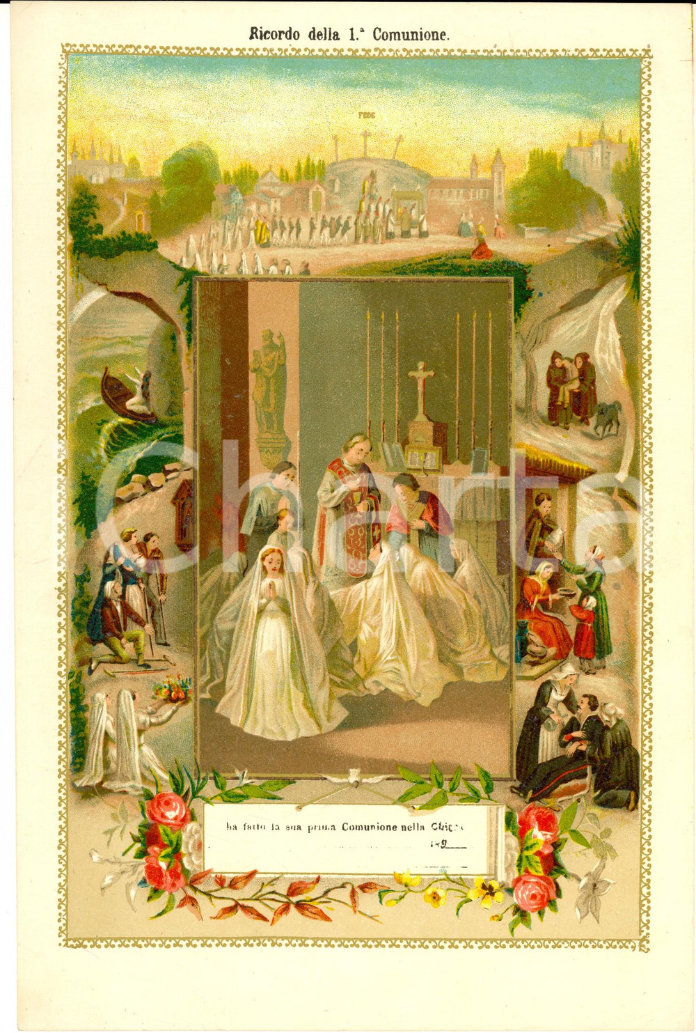 Documento originale, autentico 1890 ca AREA LOMBARDA Ricordo della Prima Comunione Bambine 18x24 1