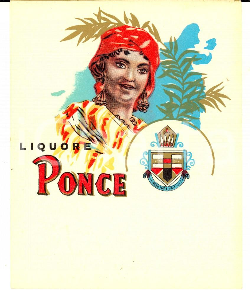 Materiale pubblicitario d’epoca 1950 ca Liquore PONCE  Etichetta pubblicitaria VINTAGE 10x12 1