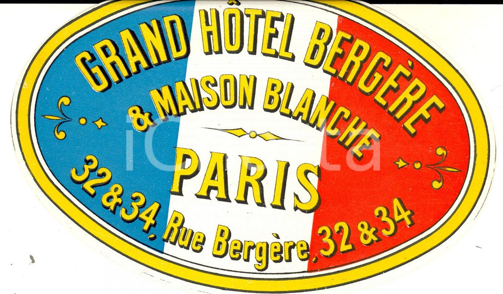 Materiale pubblicitario d’epoca 1920 ca PARIS Grand Hotel BERGERE & MAISON BLANCHE Etichetta 16x12 cm 1