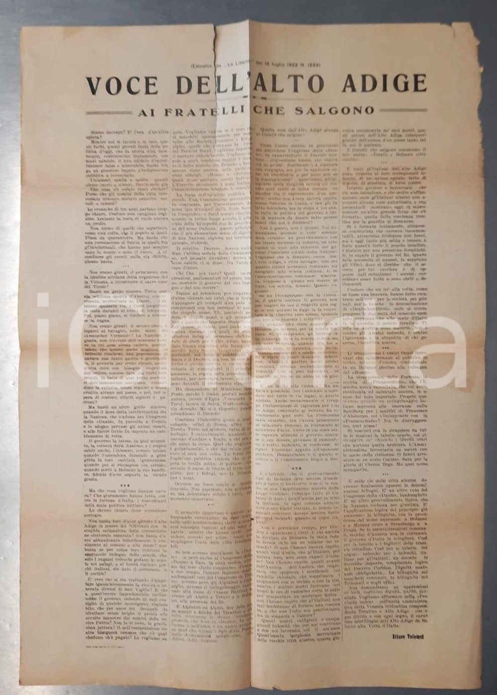 1922 Ettore TOLOMEI Voce dell'Alto Adige ai fratelli che salgono *Manifestino Manifestino originale d'epoca, contenente il testo di un estratto da "La Libertà" del 18 luglio 1822, contenente le accuse di cattiva gestione del territorio nel primo dopoguerra e la mancanza di un vero bilinguismo. CONDIZIONI:POOR/danneggiato piegature d'epoca; strappo evidente al lato superioreFORMATO: 35x50 cm originale e autentica 1