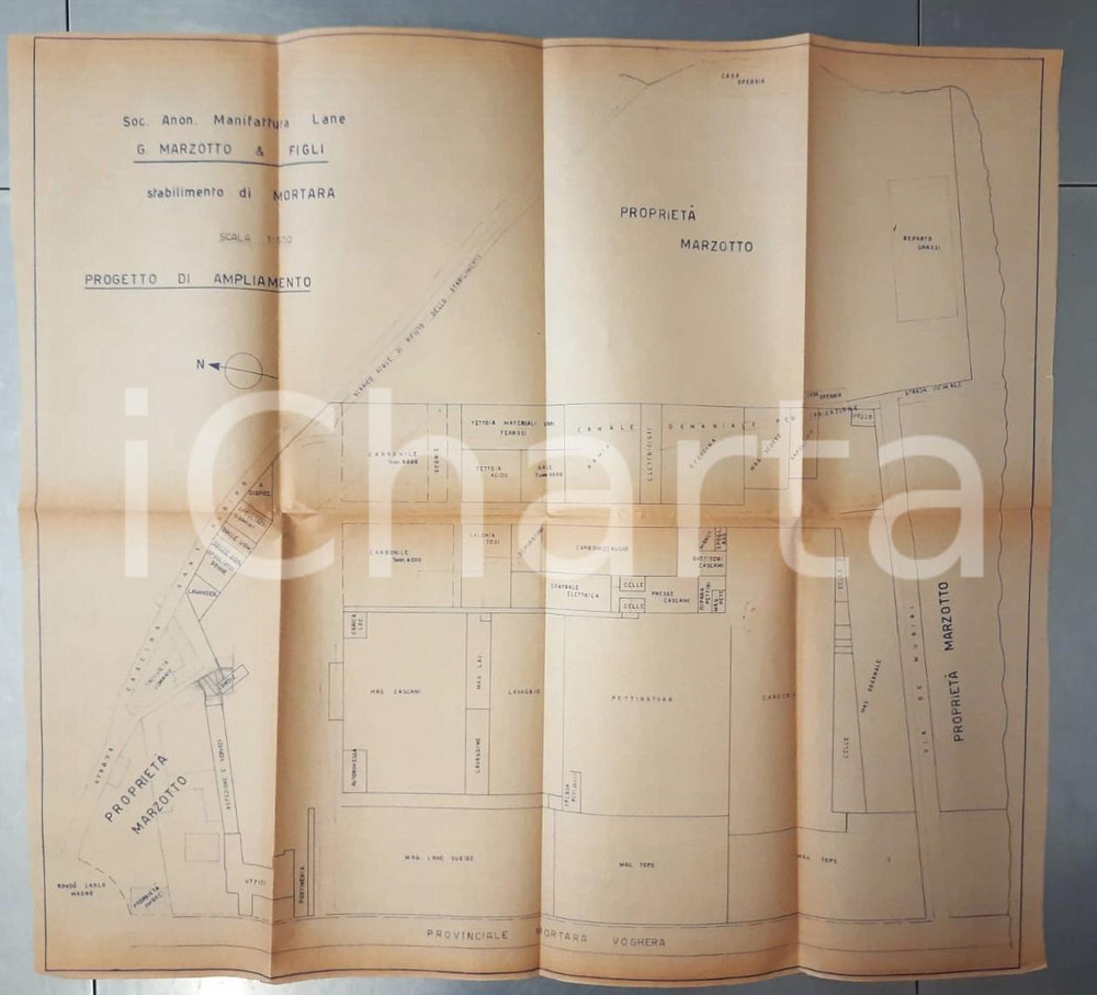Mappa, planimetria storica 1940 ca MORTARA Lane G. MARZOTTO e Figli  Progetto ampliamento stabilimento 1 1