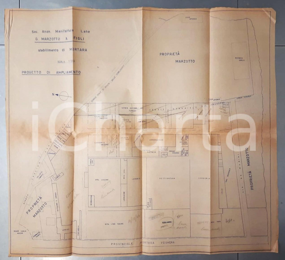 Mappa, planimetria storica 1940 ca MORTARA Lane G. MARZOTTO e Figli  Progetto ampliamento stabilimento 2 1