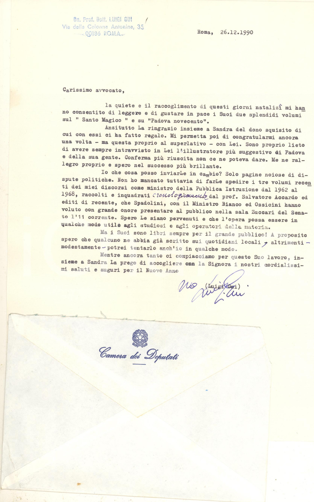 Autografo originale 1990 ROMA Lettera Luigi GUI  Ringraziamento per libri ricevuti  Autografo 1