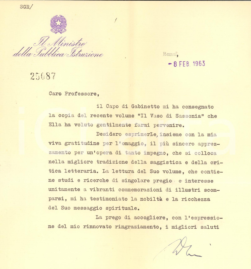 Autografo originale 1963 ROMA Lettera Luigi GUI  Ringraziamento per libro ricevuto  Autografo 1