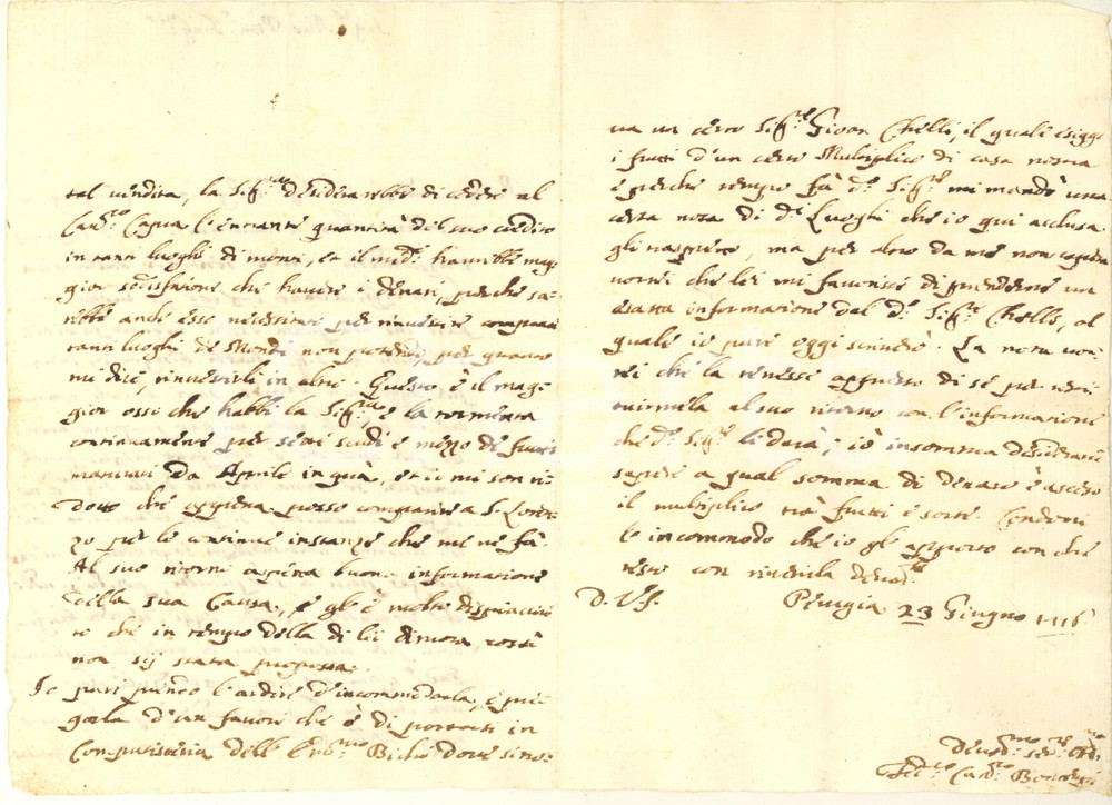 Documento originale, autentico 1716 PERUGIA Lettera can. Francesco BONTEMPI su vendita pro nobildonna 1