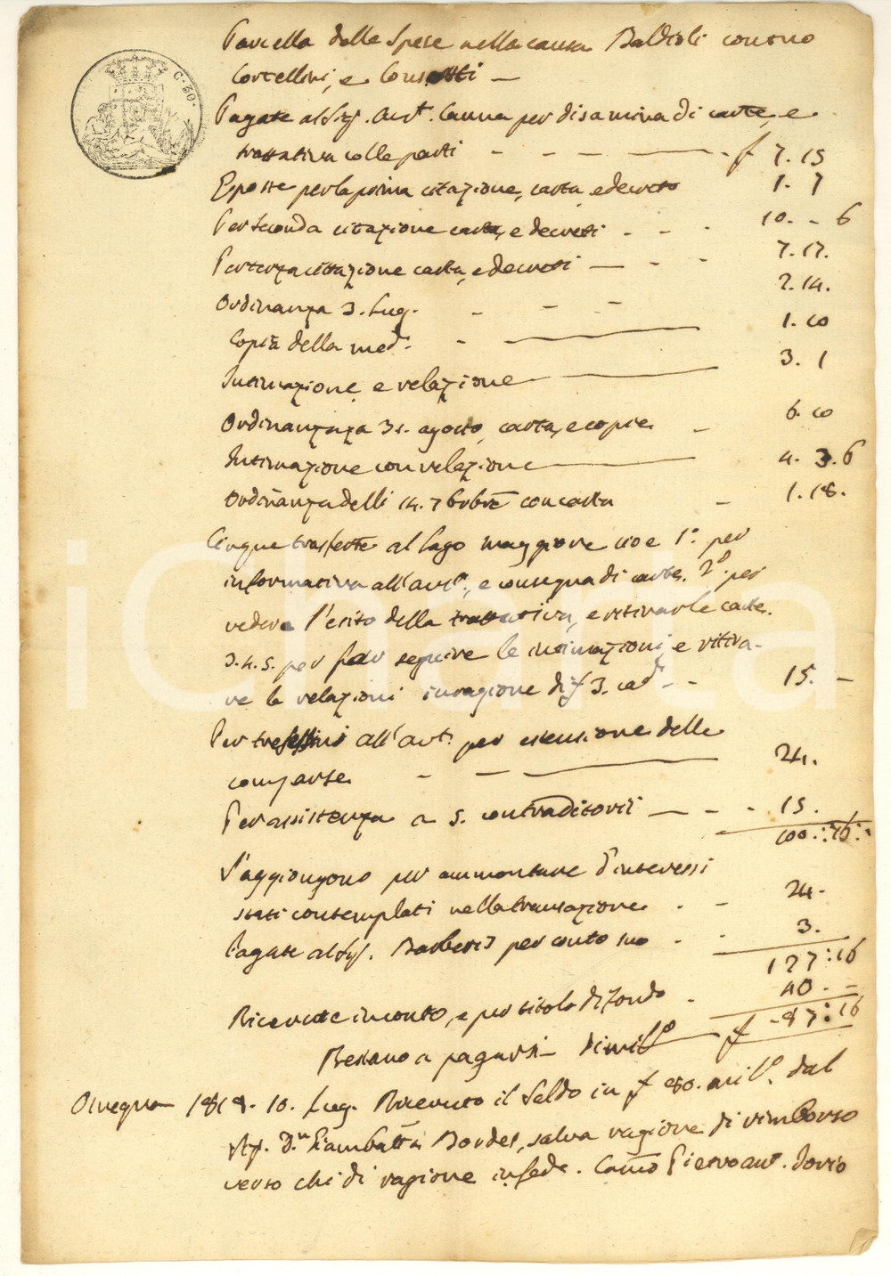 Documento originale, autentico 1818 OMEGNA Parcella delle spese causa BALDIOLI contro CORTELLINI e CONSOLATI 1