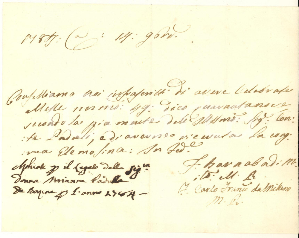 Documento originale, autentico 1784 MILANO Ricevuta frati per celebrazione messe pro defunto conte PADULLI 1