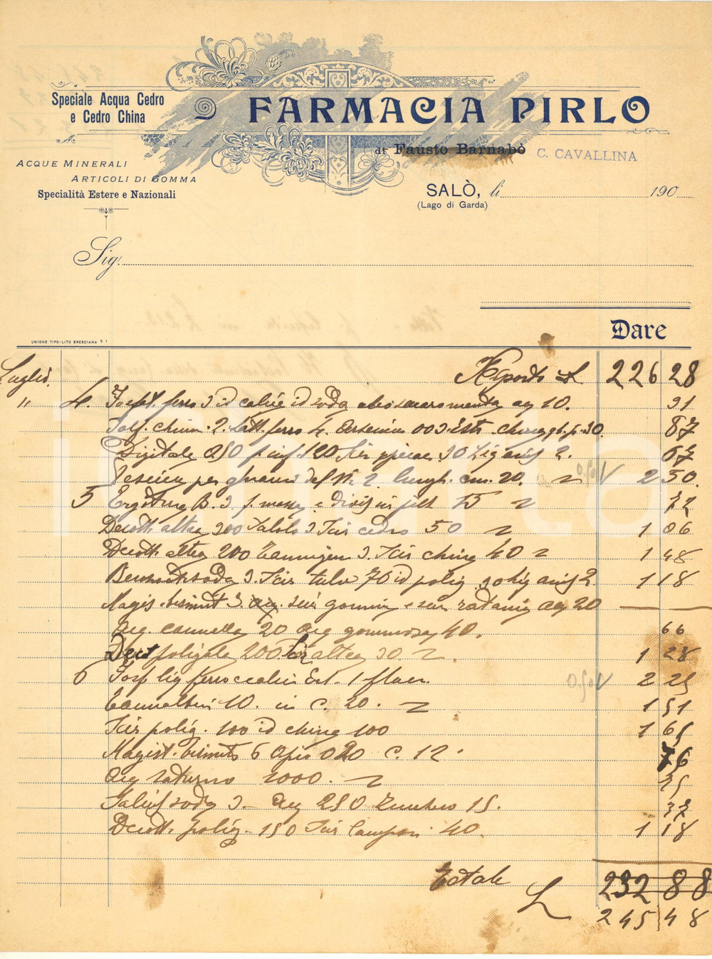 Documento originale, autentico 1910 ca SALO  BS Farmacia PIRLO di C. CAVALLINA  Conto manoscritto 1