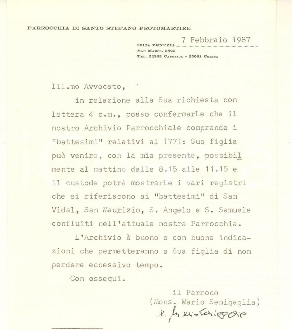 Autografo originale 1987 VENEZIA Parrocchia S. Stefano  Lettera don Mario SENIGAGLIA Autografo 1