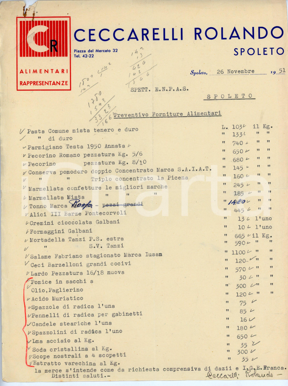 Documento originale, autentico 1951 SPOLETO Ditta Rolando CECCARELLI Preventivo forniture alimentari ENPAS 1