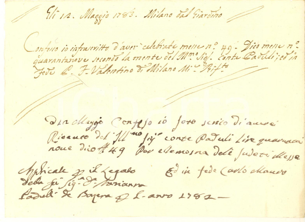 Documento originale, autentico 1783 MILANO Ricevuta frate Valentino per messe pro defunto conte PADULLI 1