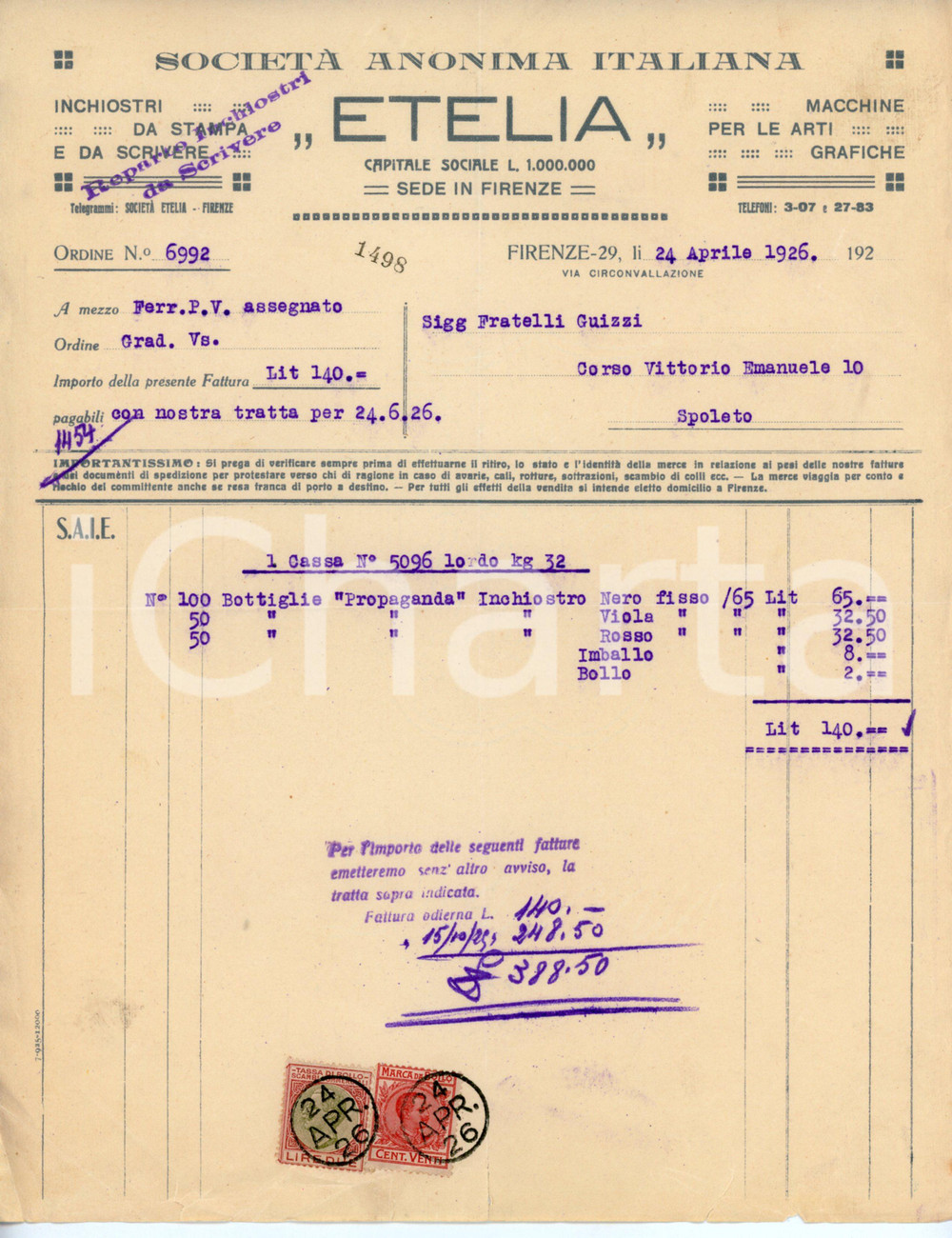 Documento originale, autentico 1926 FIRENZE Società anonima italiana ETELIA Inchiostri PROPAGANDA Fattura 1