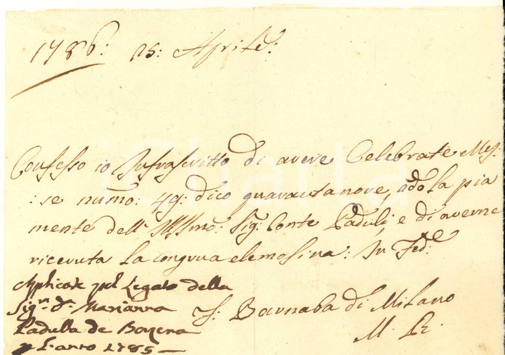 Documento originale, autentico 1786 MILANO Ricevuta frate Barnaba per messe pro defunto conte PADULLI 1