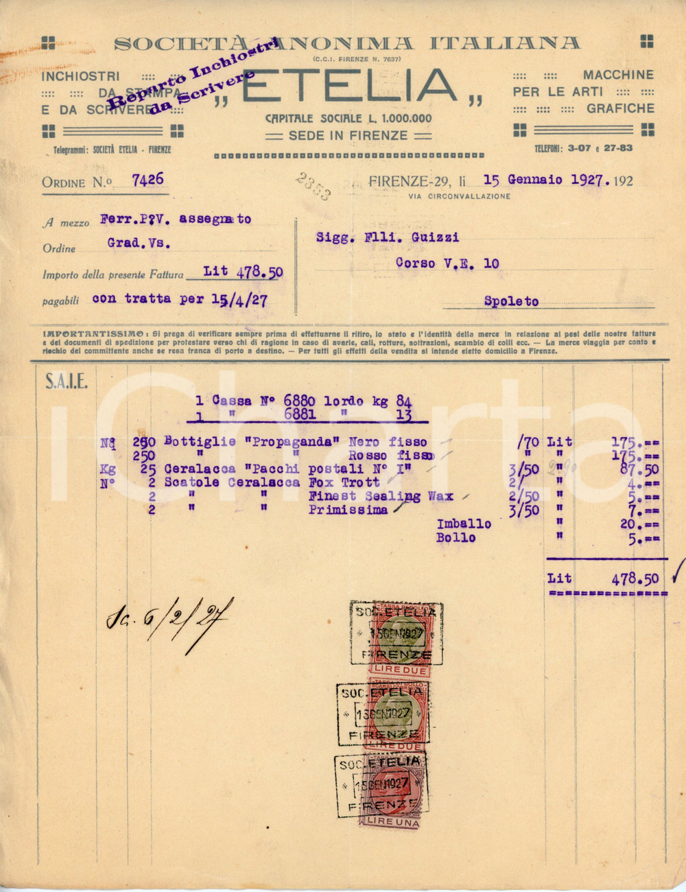 1926 FIRENZE Società anonima italiana ETELIA Inchiostri PROPAGANDA Fattura (1) Documento d'epoca. CONDIZIONI:FAIR/discreto Piegature centrali d'epoca, gualciture, strappo al margine inferioreFORMATO:  22x27 cm originale e autentica 1