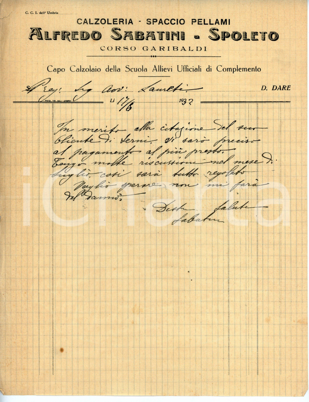 Documento originale, autentico 1932 SPOLETO Calzoleria Alfredo SABATINI Capo calzolaio  Lettera commerciale 1