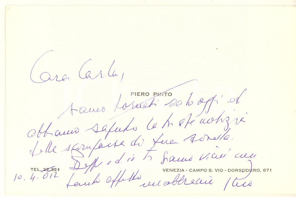 Autografo originale 1990 ca VENEZIA Biglietto designer Piero PINTO per condoglianze Autografo 1